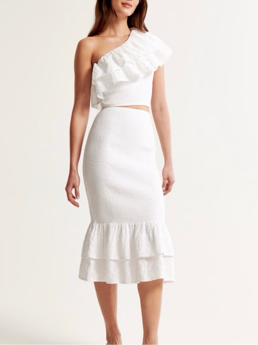 Abercrombie & Fitch White Embroidered One-Shoulder Ruffle Set